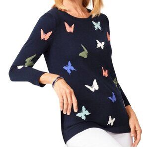 Talbots Butterfly Jaquard Sweater 3/4 Sleeves Navy Colorful Butterfly Size XS